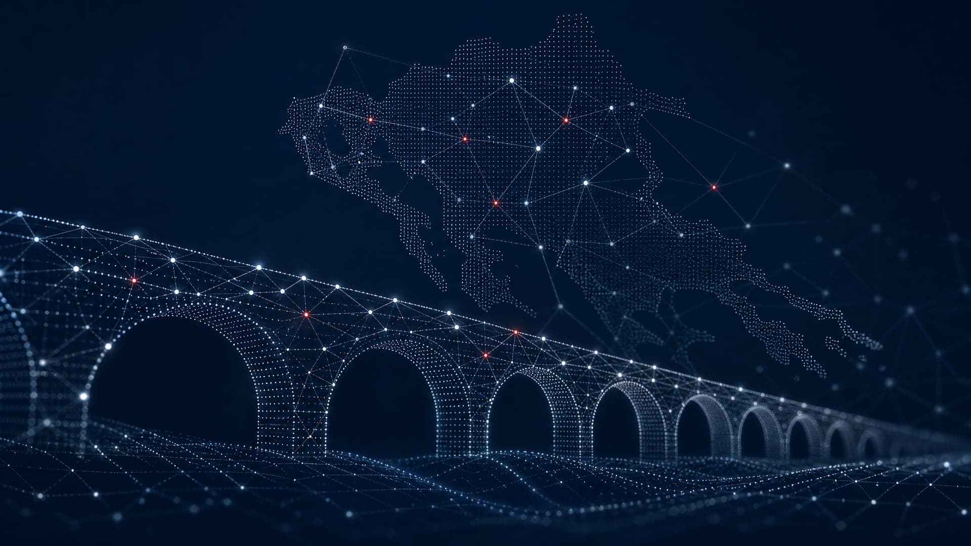 The Skopje Aqueduct rendered in points of light, beneath a map of the Western Balkans