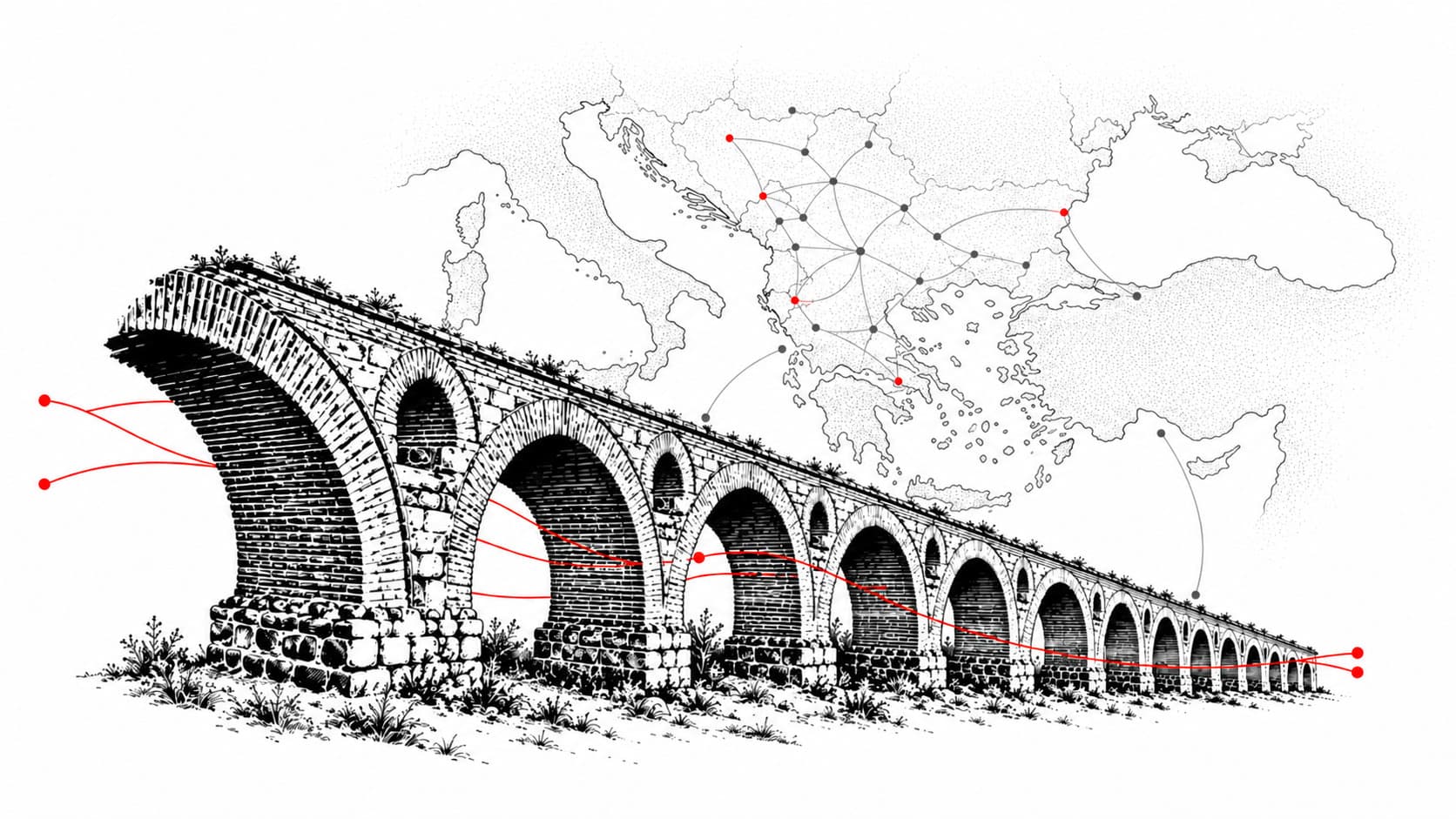 Ink engraving of the Skopje Aqueduct beneath a map of south-eastern Europe, linked by red and grey network lines