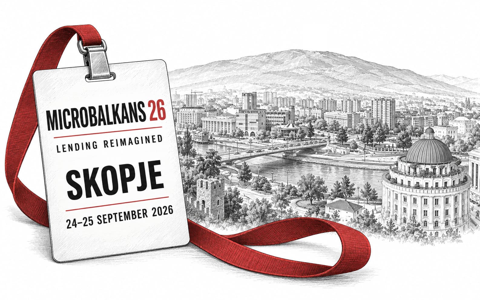 An illustrated MicroBalkans 26 conference badge with a red lanyard against a Skopje cityscape, announcing 24–25 September 2026.