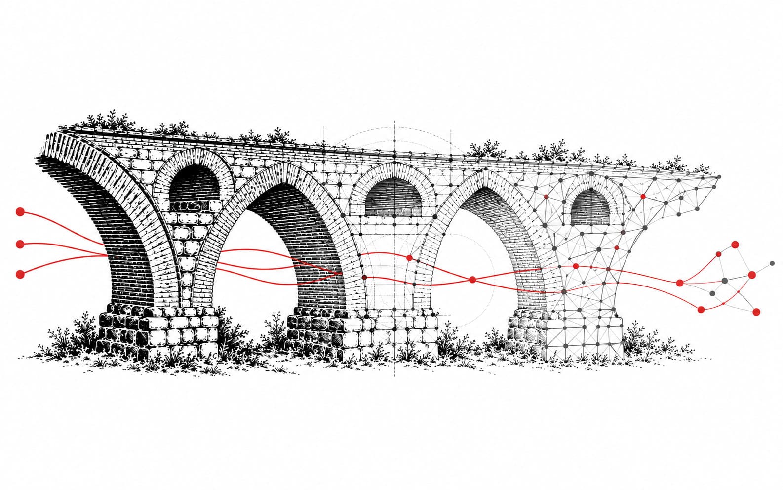 An illustration of the Skopje Aqueduct transitioning from stone masonry into connected lines and nodes, symbolising financial infrastructure.